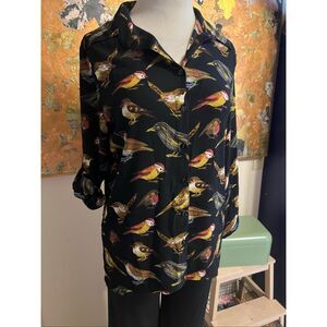 Mishca Gorgeous Bird Print Blouse Adjustable Sleeve Black & Multi M